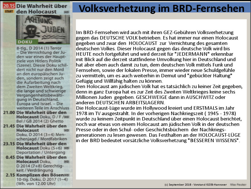 Volksverhetzung im BRD-TV Volksverhetzung im BRD-TV